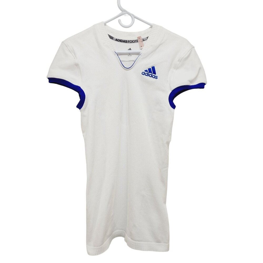 Adidas Foosball Womens V-Neck White & Blue Short-Sleeve Sports Shirt Size L